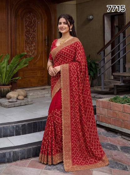 Red Gold Embroidered Designer Saree with Heavy Border | Wedding & Festive Wear