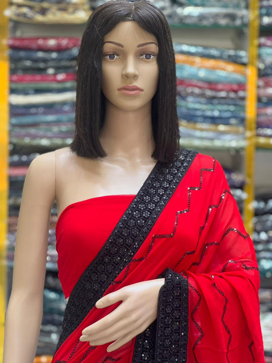 Red Designer Saree with Black Sequin Work & Embroidered Border | Party & Festive Wear