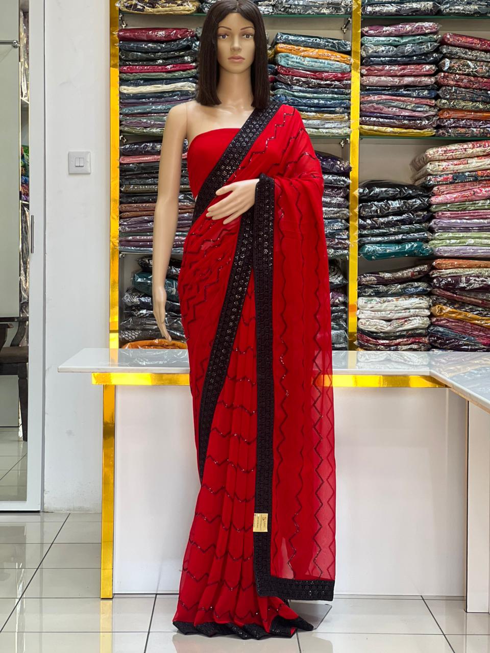 Red Designer Saree with Black Sequin Work & Embroidered Border | Party & Festive Wear