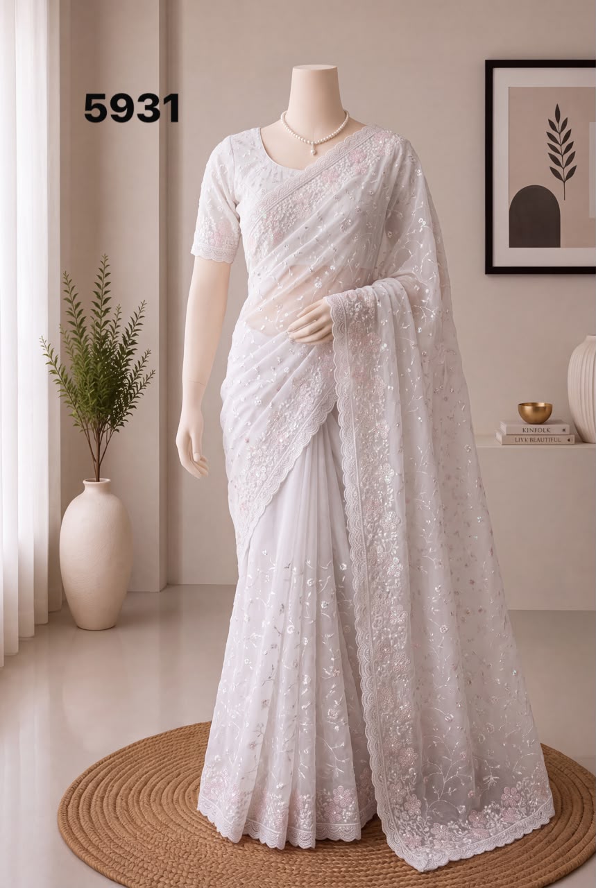 White Georgette Thread & Sequin Work Designer Saree | Elegant Wedding & Festive Wear
