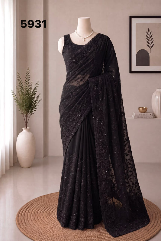 Black Georgette Thread & Sequin Work Designer Saree | Wedding & Festive Wear