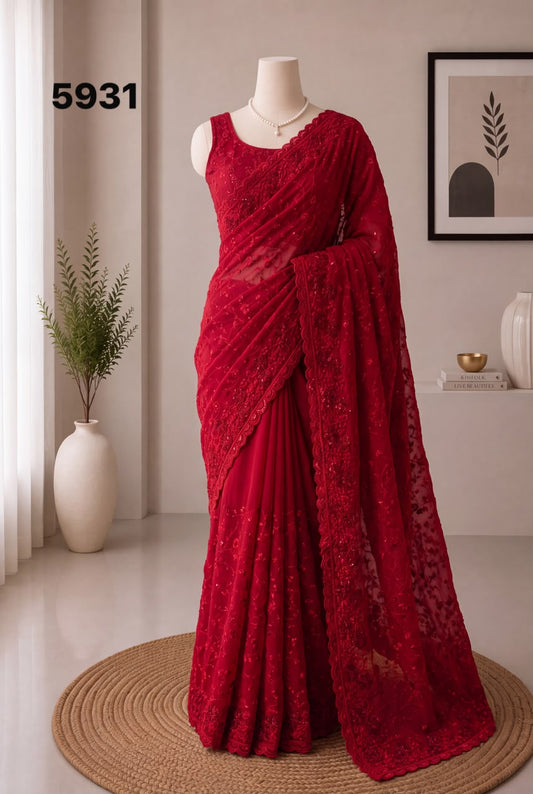 Red Georgette Thread & Sequin Work Designer Saree | Wedding & Festive Wear