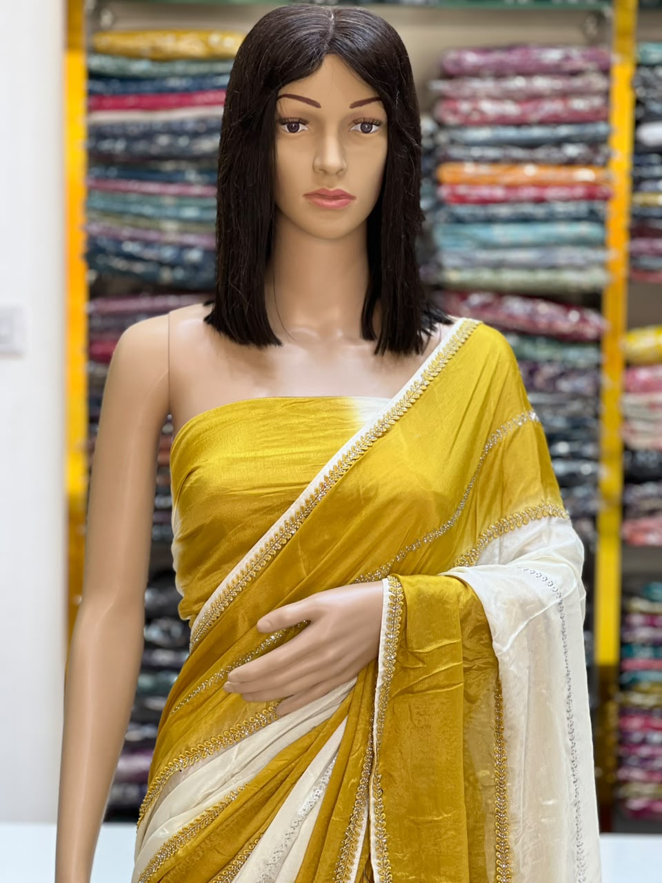 Premium Mustard Yellow & White Designer Saree with Elegant Border