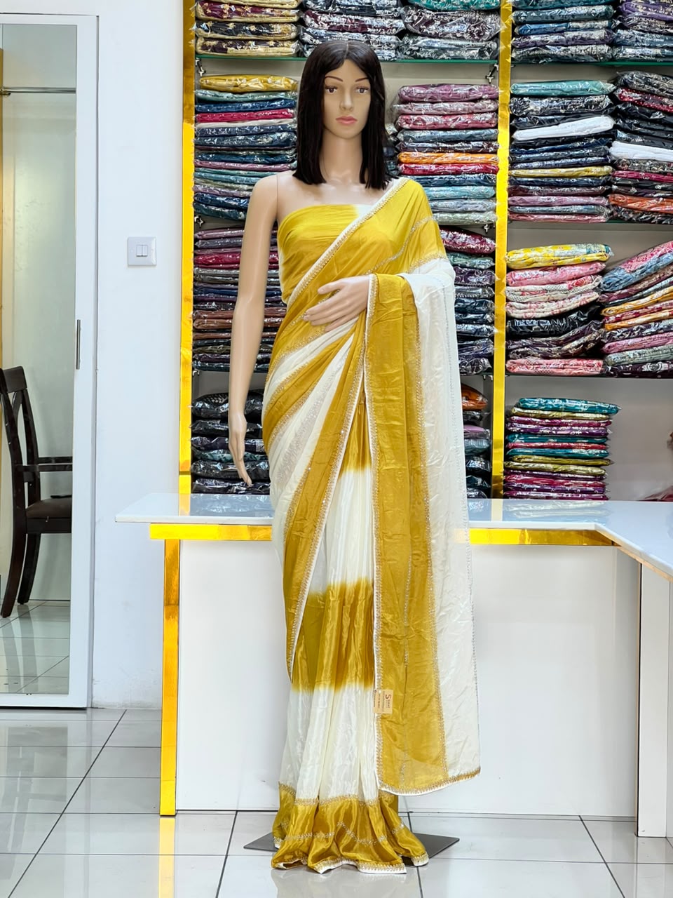 Premium Mustard Yellow & White Designer Saree with Elegant Border