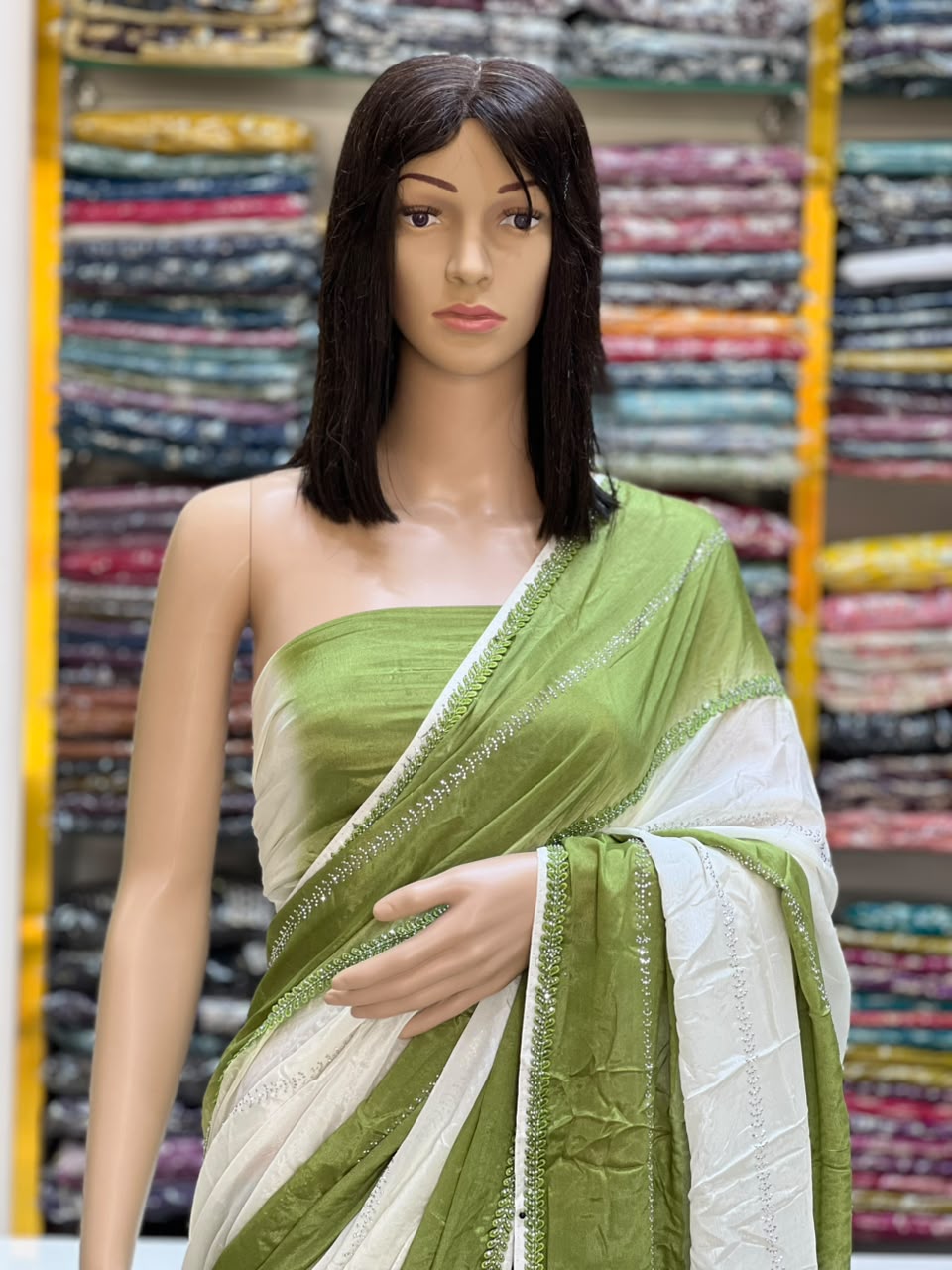 Premium Pista Green & White Designer Saree with Elegant Border