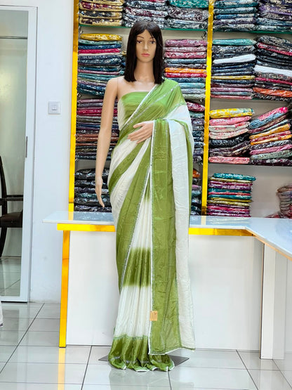 Premium Pista Green & White Designer Saree with Elegant Border
