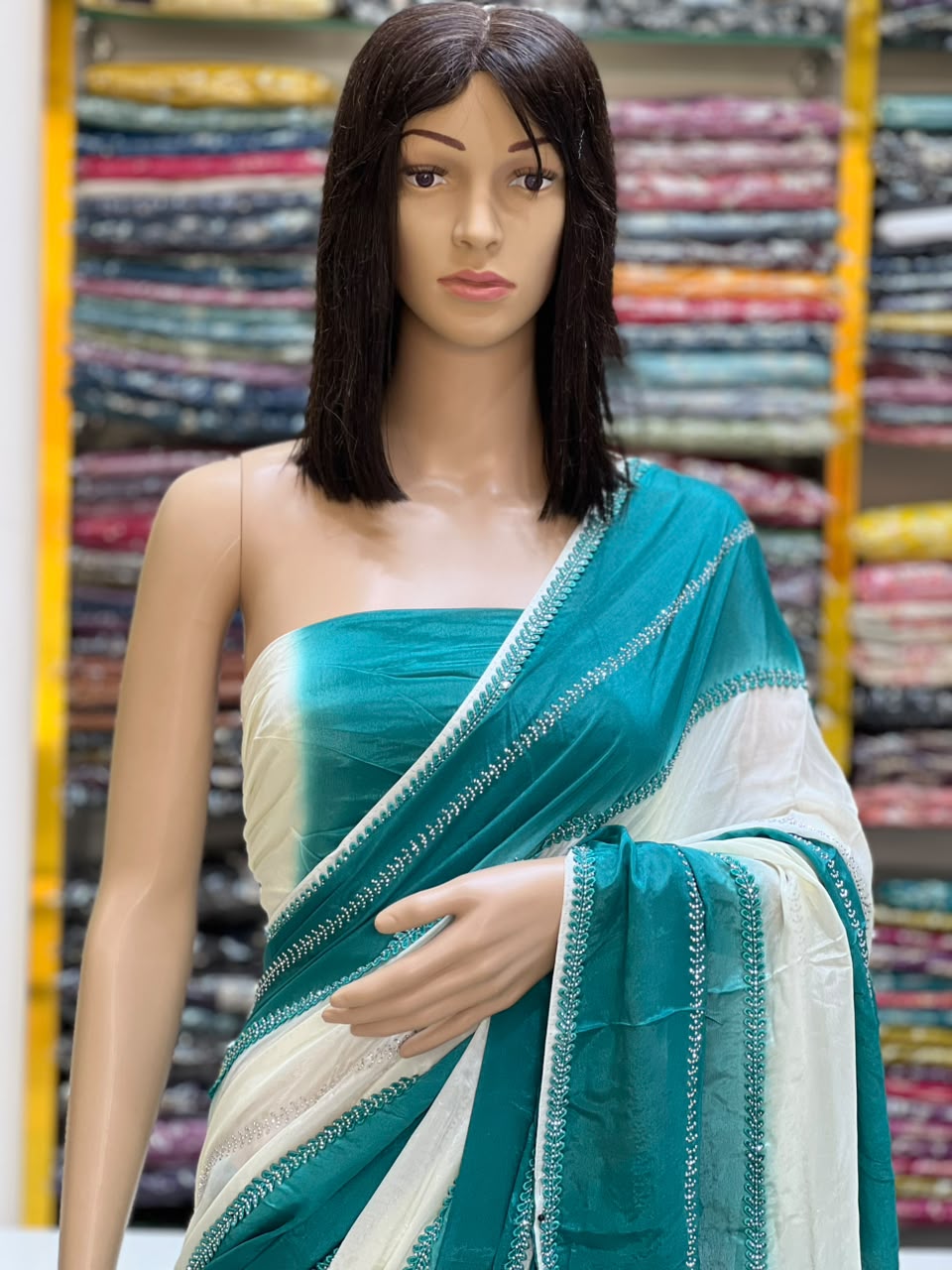 Premium Teal Blue & White Designer Saree with Elegant Border