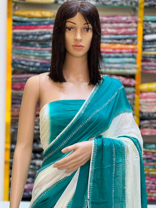Premium Teal Blue & White Designer Saree with Elegant Border