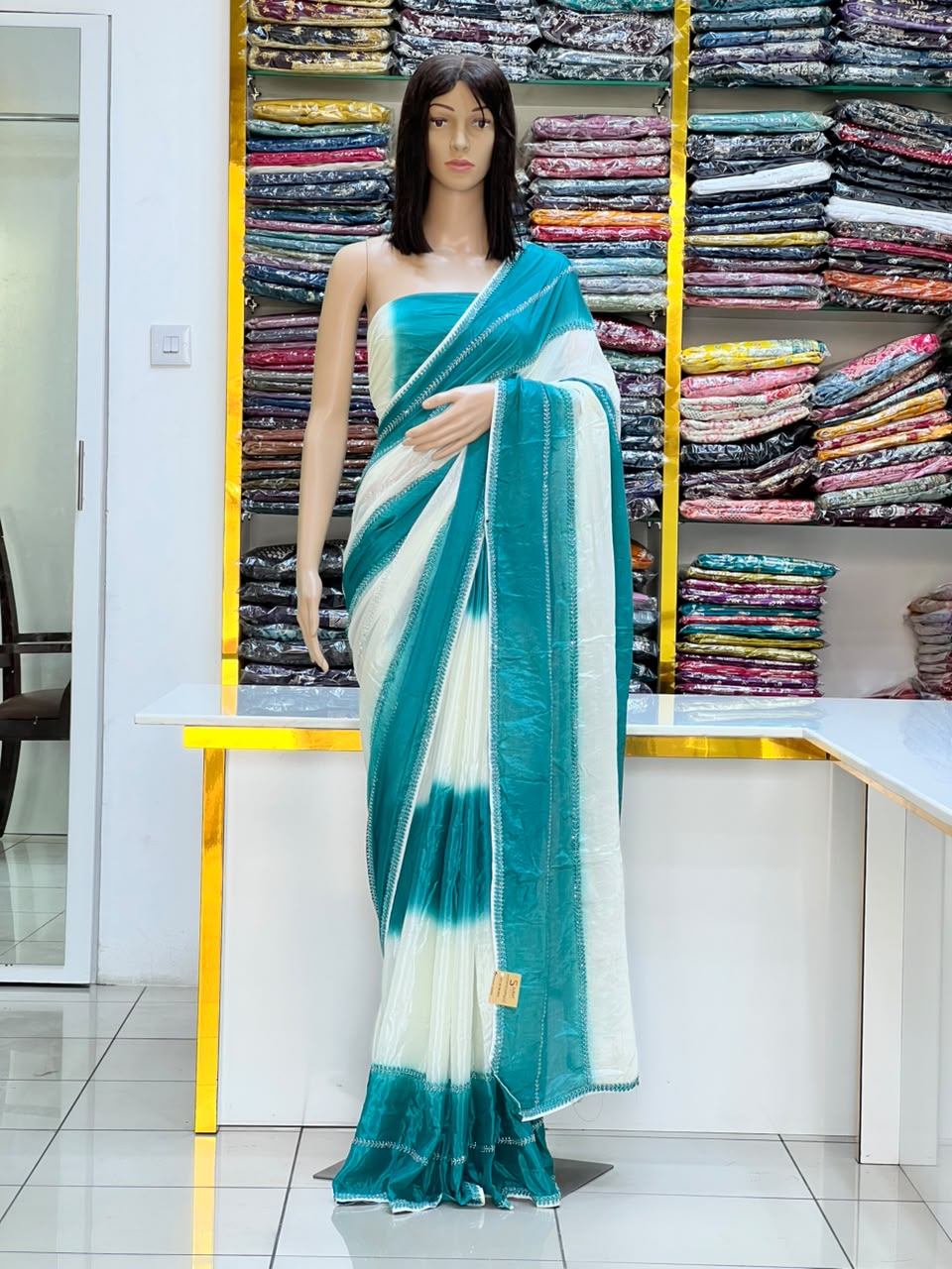 Premium Teal Blue & White Designer Saree with Elegant Border