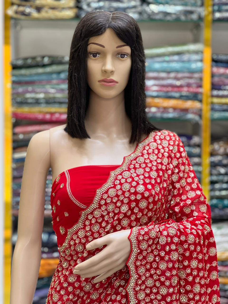 Red Bridal Saree with Full Heavy Embroidery & Jarkan Stone Work | Premium Wedding Saree
