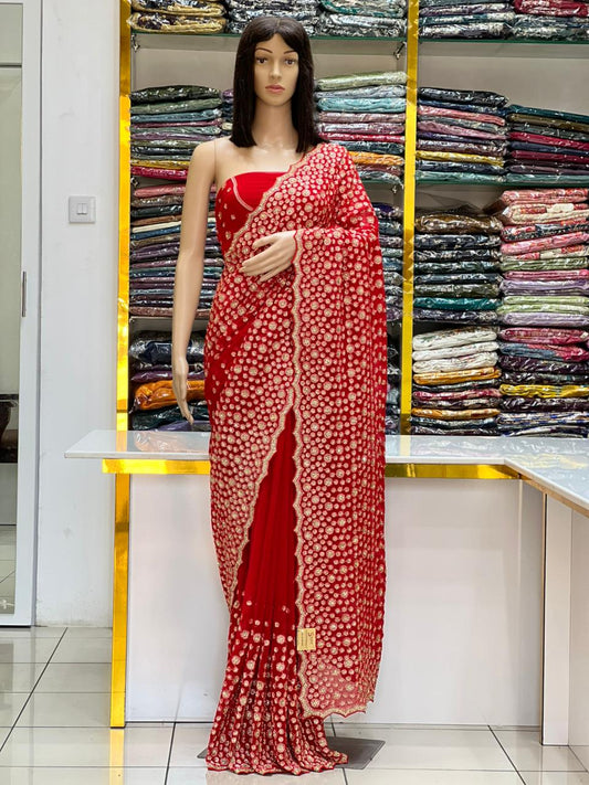 Red Bridal Saree with Full Heavy Embroidery & Jarkan Stone Work | Premium Wedding Saree