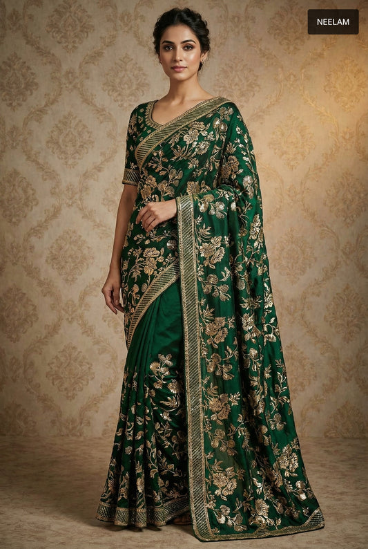Emerald Elegance: Heavy Embroidered Premium Satin Silk Saree