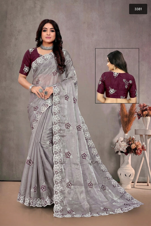Elegant Silver-Grey Organza Saree with Plum Floral Embroidery