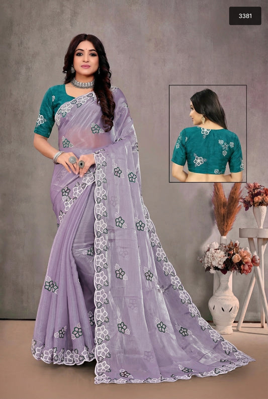Enchanting Lavender & Teal Organza Saree with Scalloped Embroidery