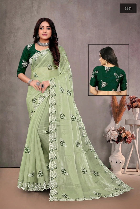 Pista Green Organza Saree with Forest Green Contrast
