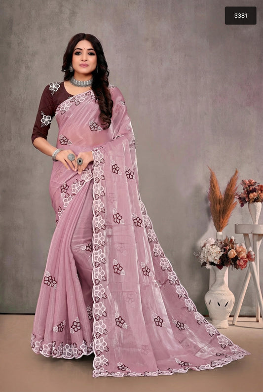 Elegant Mauve Organza Saree with Intricate Floral Embroidery & Scalloped Border
