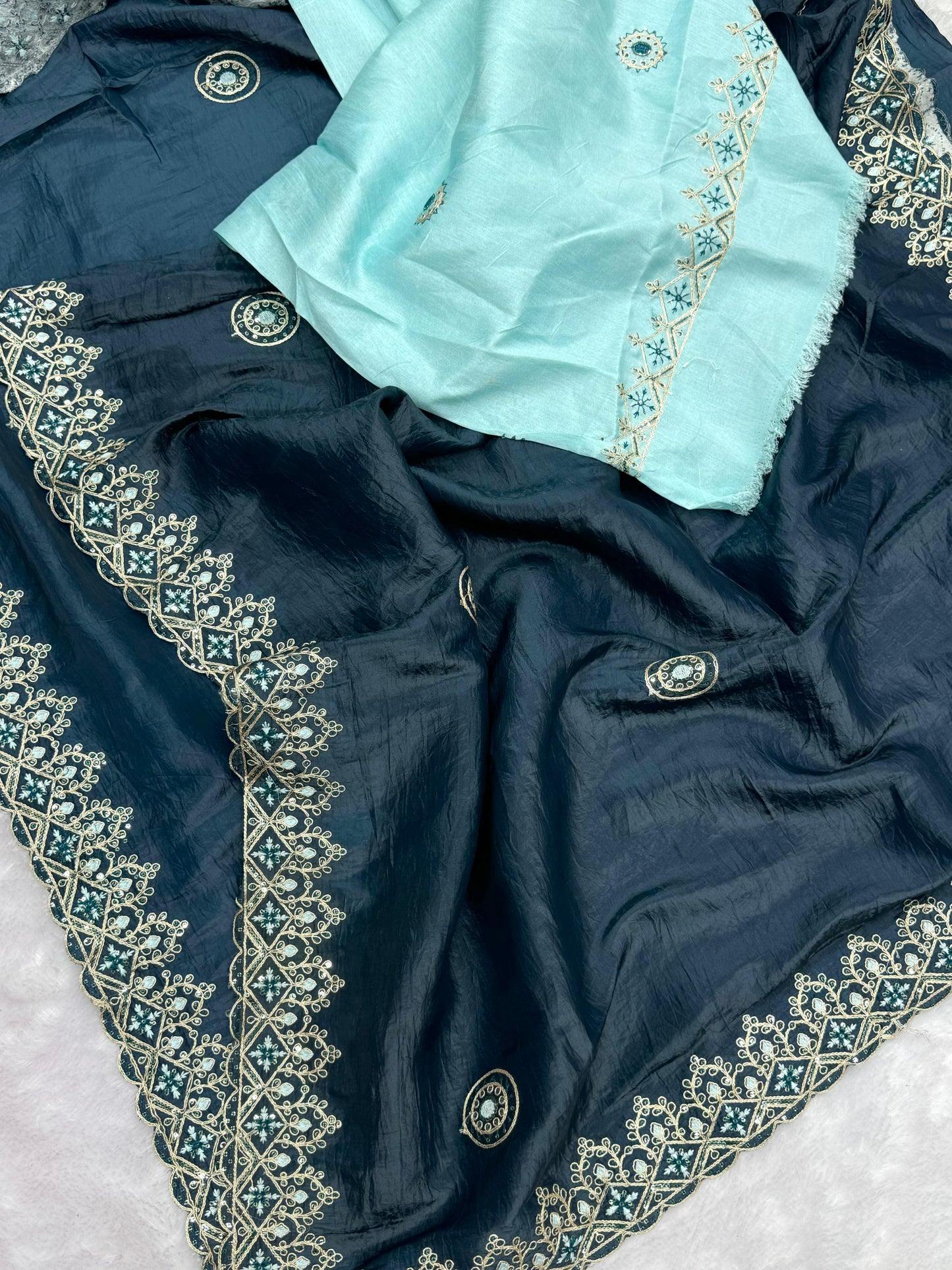 Premium Navy Blue Tissue Crush Saree with Embroidery Work