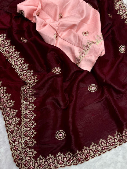 Royal Maroon Tissue Crush Saree with Embroidery Border
