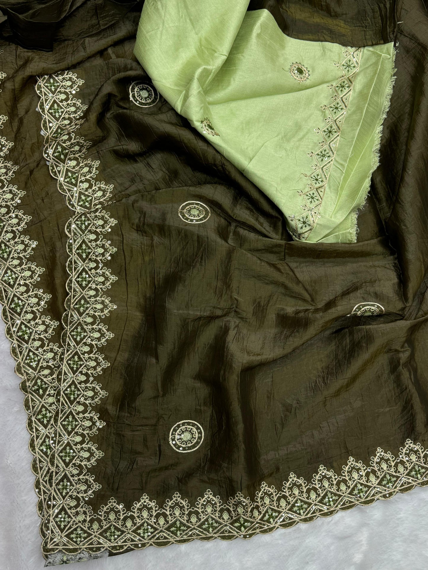 Premium Olive Tissue Crush Saree with Elegant Embroidery Work