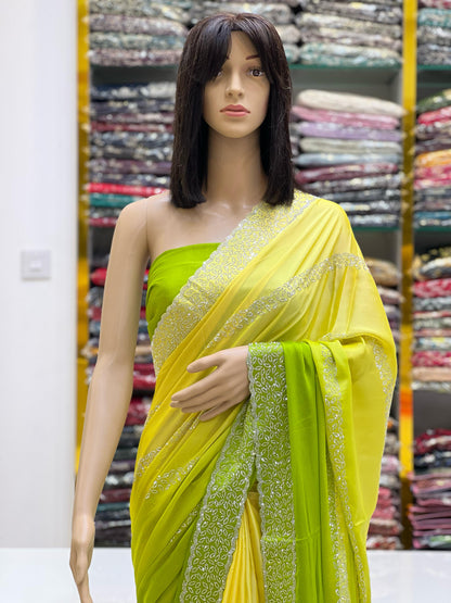 Lime Green & Yellow Ombre Rangoli Silk Saree with Silver Swarovski Border