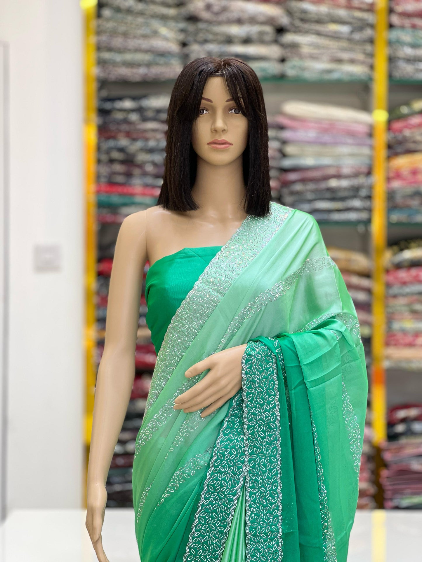 Mint Green & Emerald Ombre Rangoli Silk Saree with Silver Swarovski Border