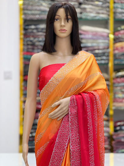 Dual-Tone Orange & Red Rangoli Silk Saree with Silver Swarovski Border
