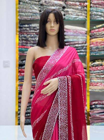 Classic Cherry Red Rangoli Silk Saree with Silver Swarovski Border