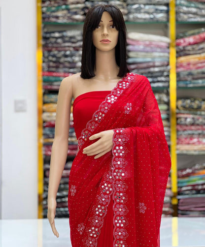 Elegant Red Georgette Saree with Original Mirror & Swarovski Stone Work