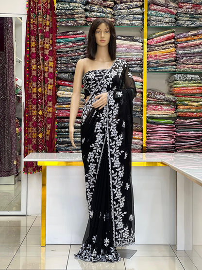 Red Georgette Saree With white floral embroidery & Designer Blouse