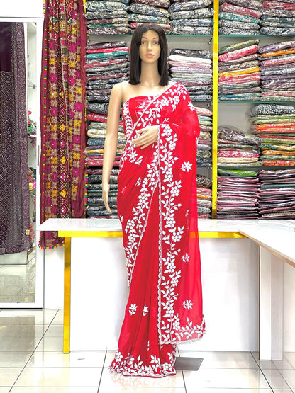 Red Georgette Saree With white floral embroidery & Designer Blouse