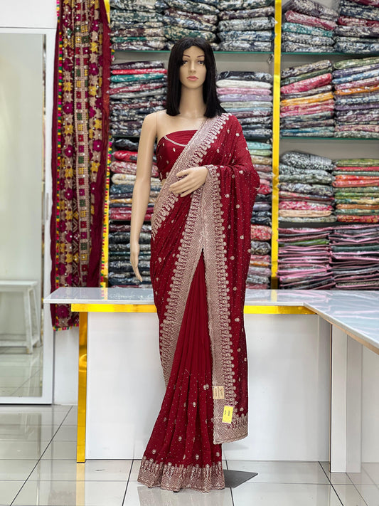 Maroon Vichitra Silk Embellished Saree with Heavy Border