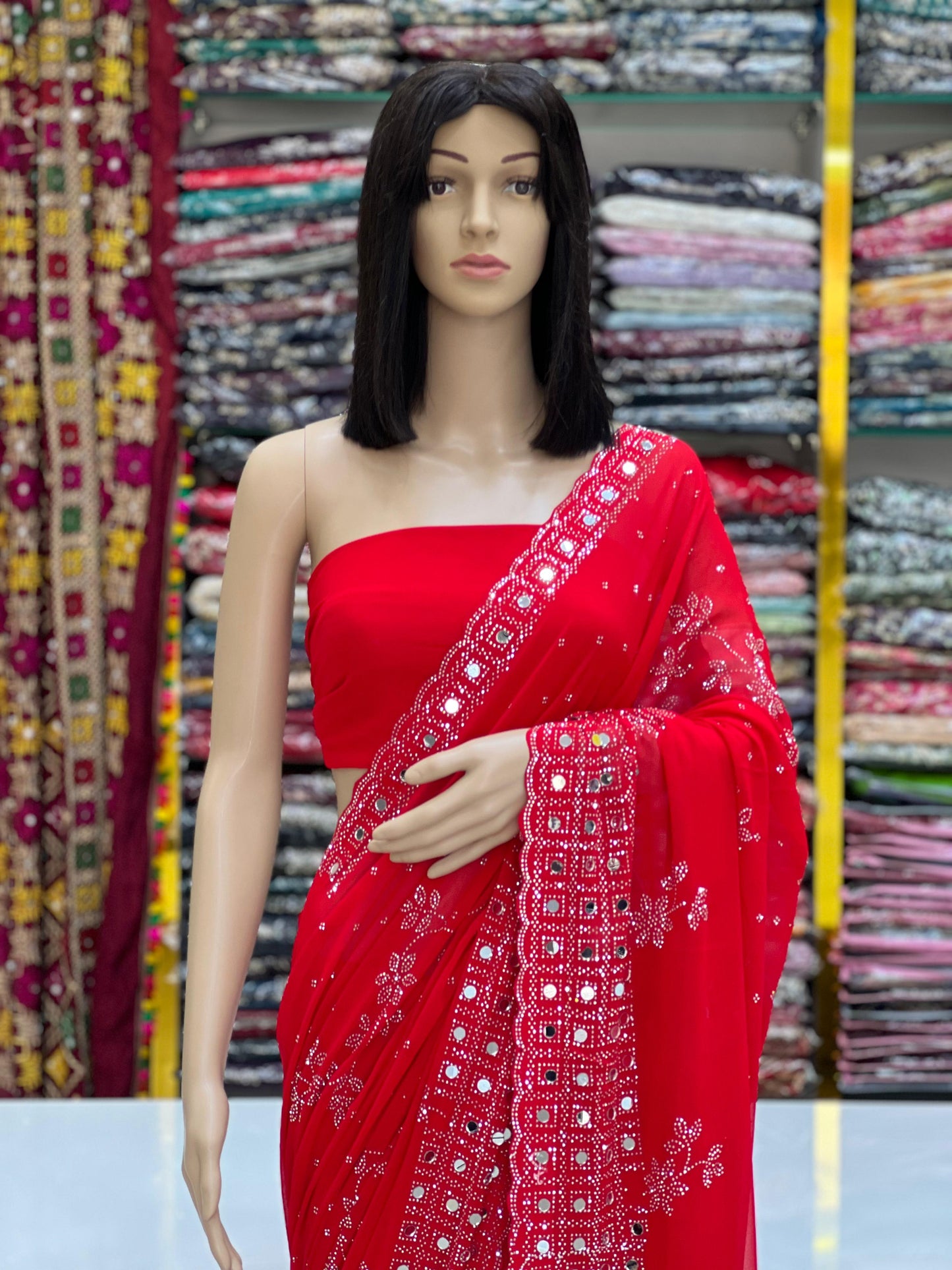 Elegant Solid Red Georgette Saree with Original Mirror & Swarovski Stone Work