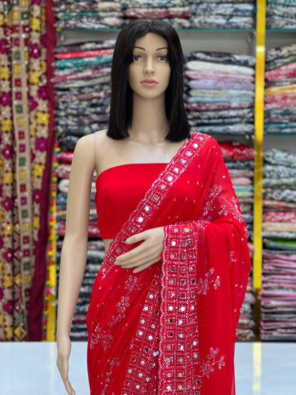 Elegant Solid Red Georgette Saree with Original Mirror & Swarovski Stone Work