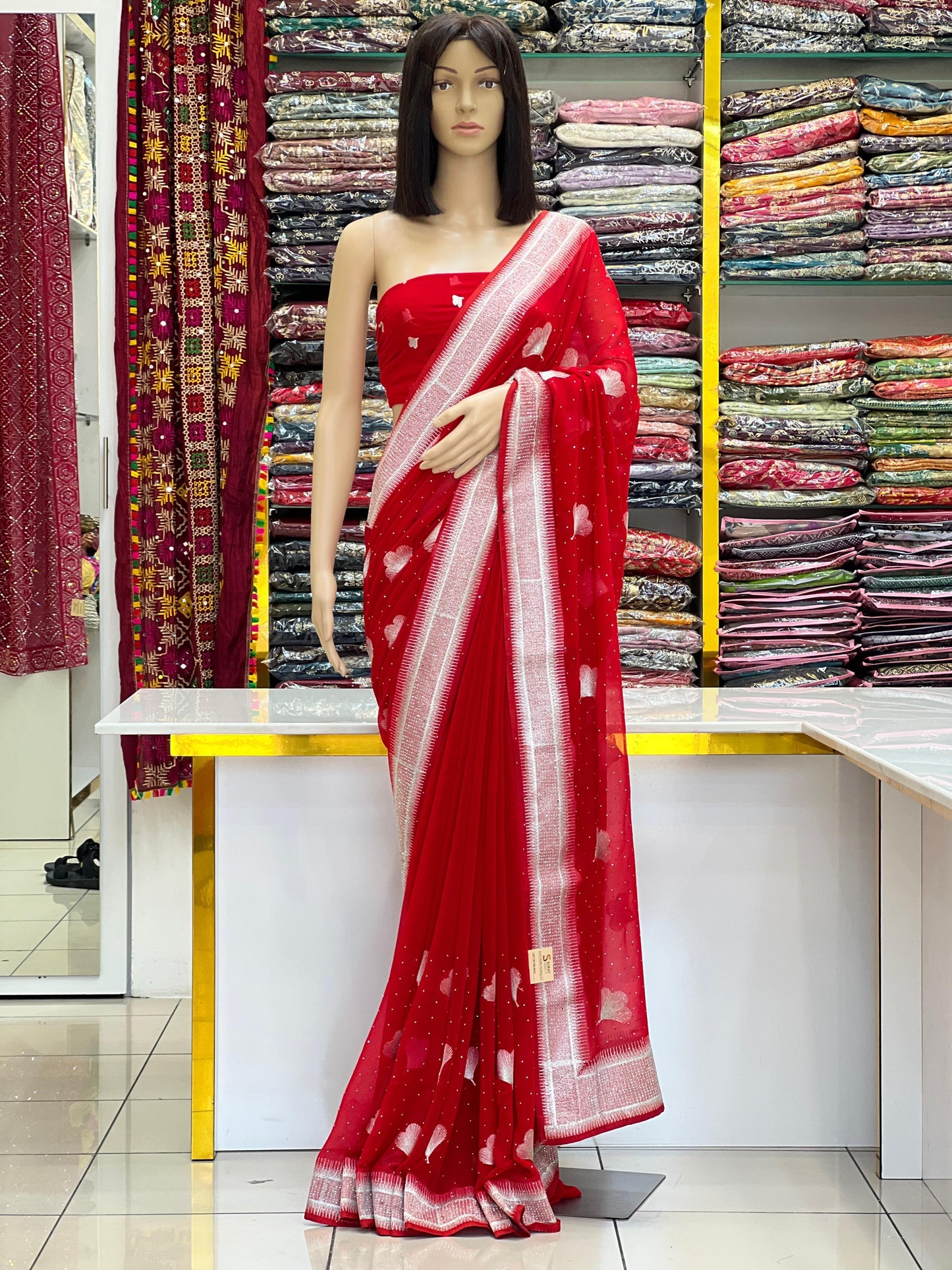 Red Georgette Saree with Silver Zari Border and Heart Motifs