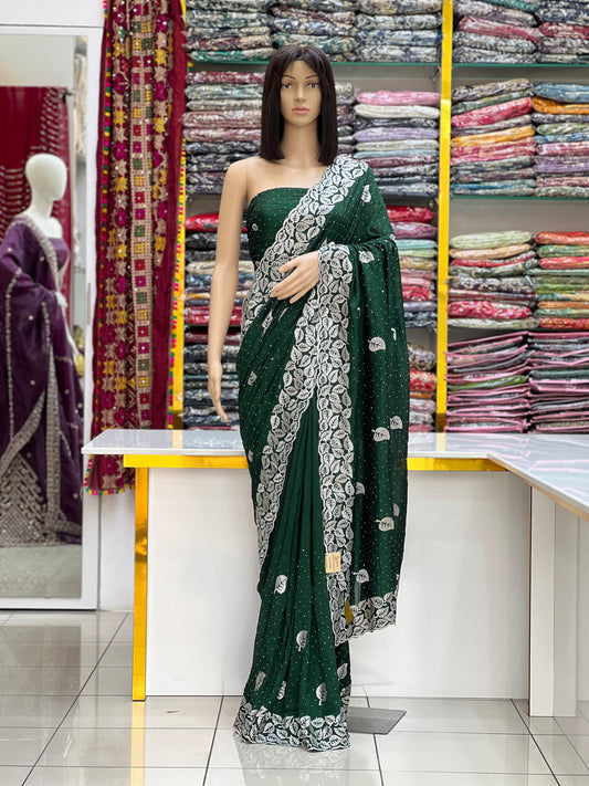 Emerald Beautiful Green Vichitra Silk Saree with Silver Embroidery Work