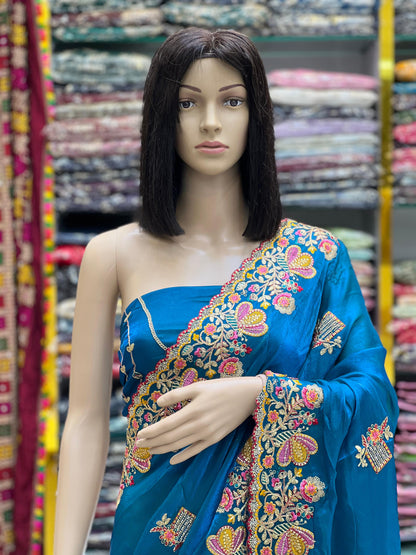Royal Teal Space Silk Saree with Heavy Embroidery Border
