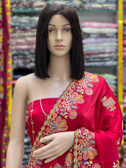 Premium Red Space Silk Saree with Heavy Embroidery Border