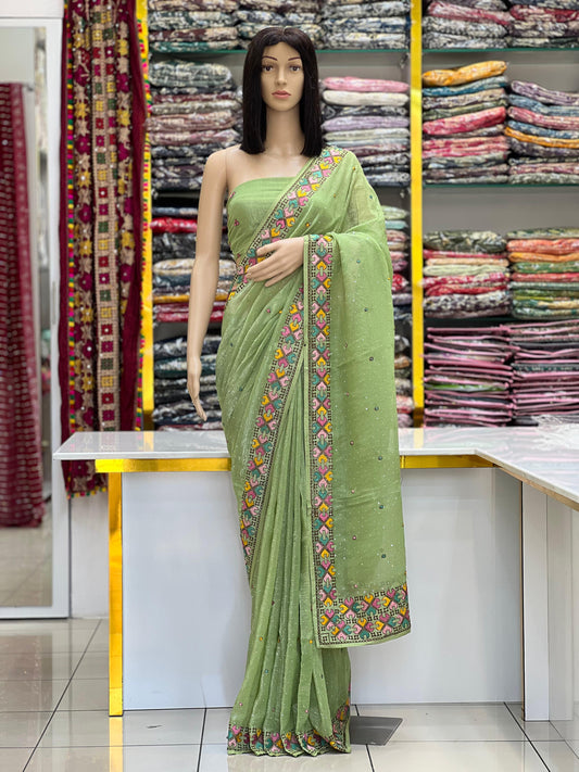 Vibrant Cruncy Saree Collection with Multi-Color Geometric Embroidered Border