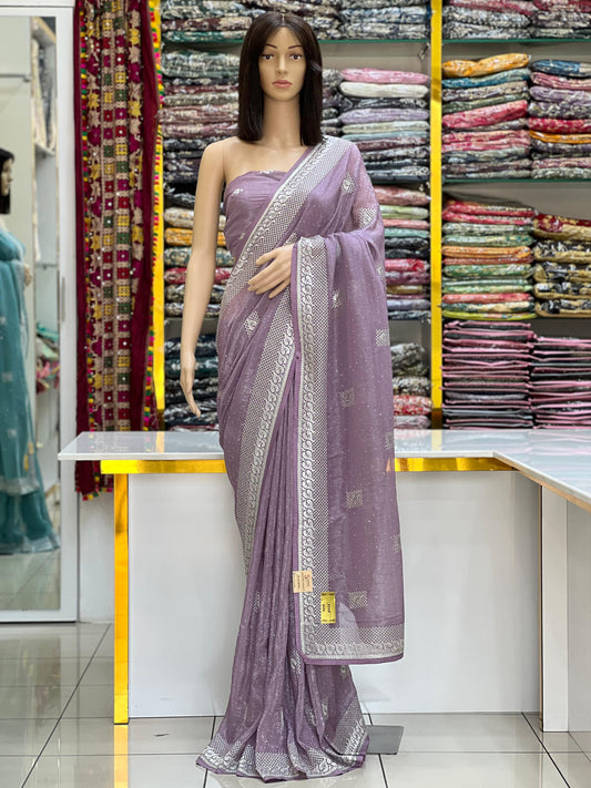 Elegant Crunchy Saree Collection with Intricate Silver Sequin & Thread Border