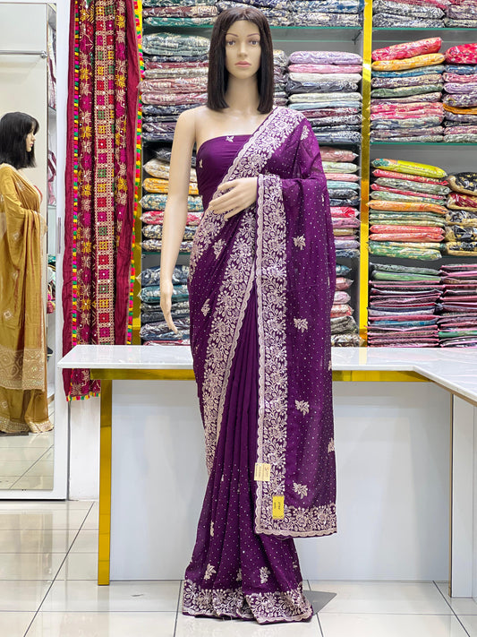 Fancy Vichitra Silk Silver Jari Embroidery Saree