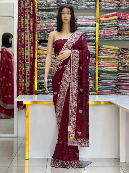 Fancy Vichitra Silk Silver Jari Embroidery Saree