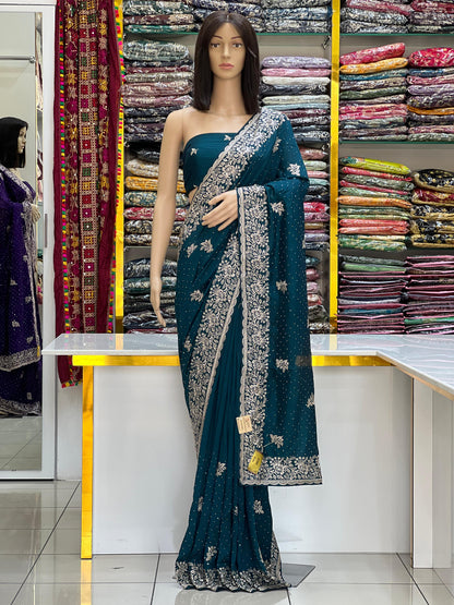 Fancy Vichitra Silk Silver Jari Embroidery Saree