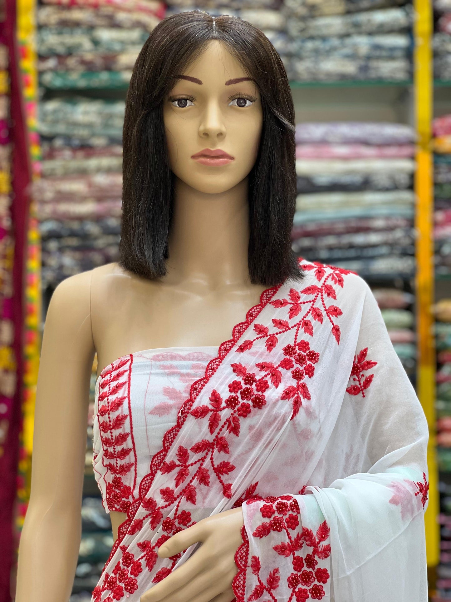 White Georgette Saree with Red Thread Embroidery Elegant Floral Design