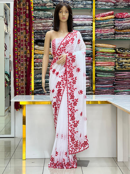Red Georgette Saree With white floral embroidery & Designer Blouse