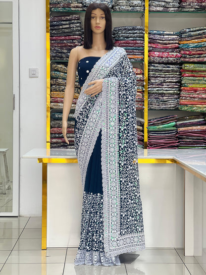 Premium Georgette Heavy Lucknowi Chikankari Embroidered Saree Collection