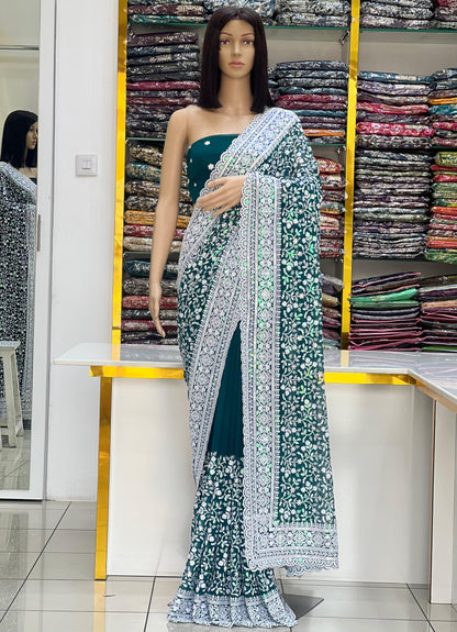 Premium Georgette Heavy Lucknowi Chikankari Embroidered Saree Collection