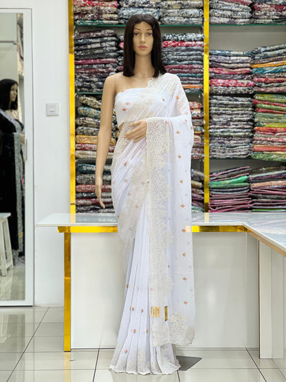 Classic Black Contrast Designer Floral Thread Work With Cutwork Saree Collection