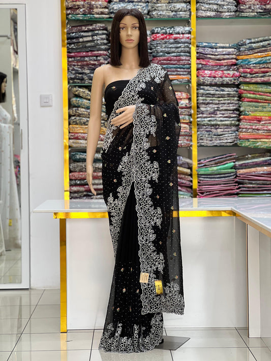 Classic Black Contrast Designer Floral Thread Work With Cutwork Saree Collection