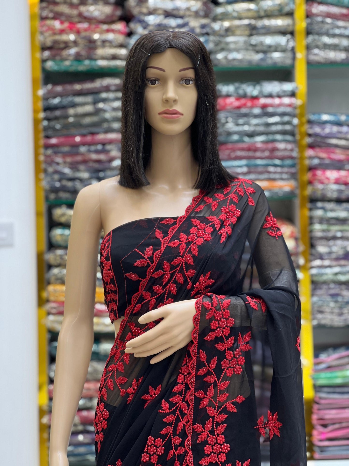 Elegant Black Georgette Saree with Red Floral Thread Embroidery & Moti Work
