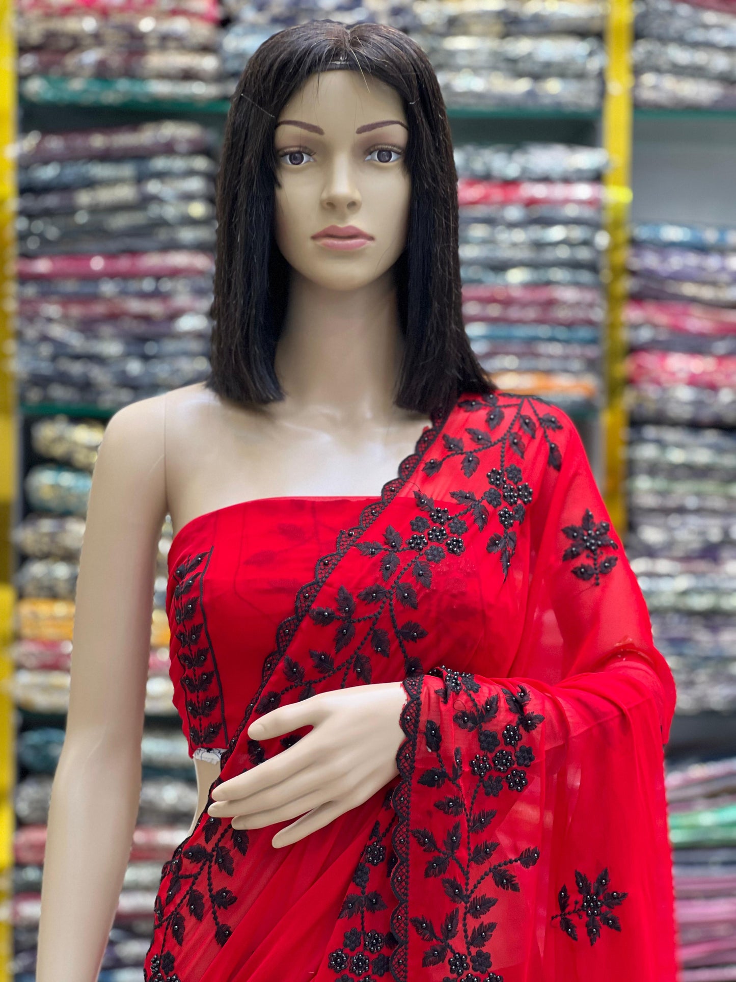 Elegant Red Georgette Saree with Black Floral Thread Embroidery & Moti Work